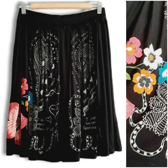 DESIGUAL \ Pleated Pull-On Elastic Waist Soft Knee Length Skirt Floral Black M - Picture 2 of 15